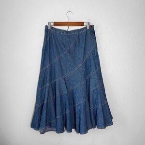 Vintage Y2k Lauren Ralph Lauren Cotton Tiered Flowy Denim Jean Midi Skirt M